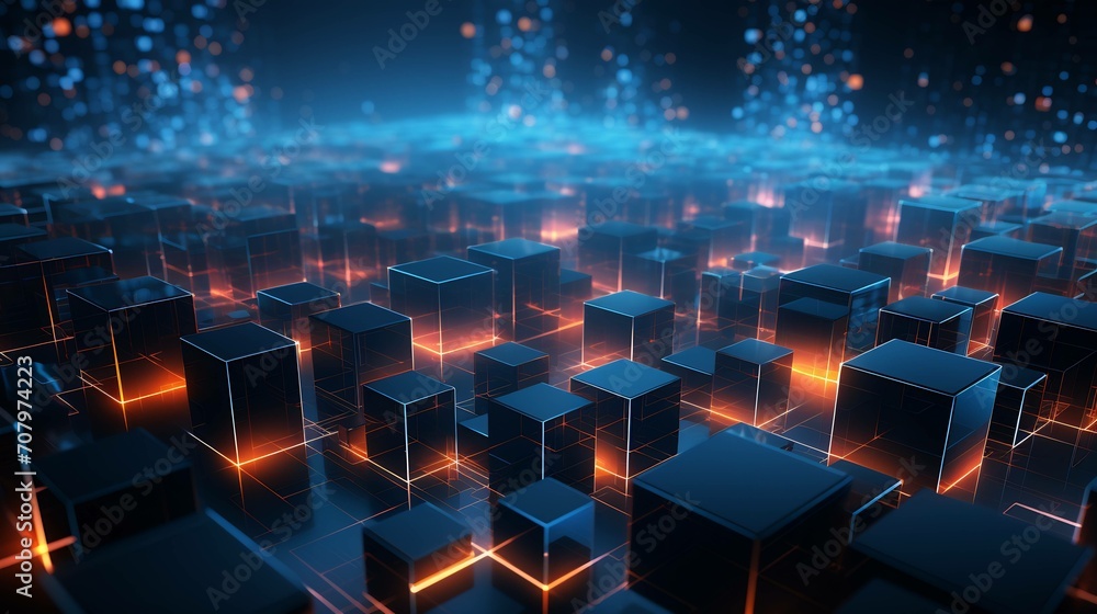 Abstract digital cube structure glowing with vibrant blue light. Abstract digital cube structure glowing with vibrant blue light.