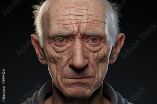 Expression of Madness: A Serious and Angry Old Man with Strange and Creepy Facial Features, Wearing an Evil Mask on a Dark, Isolated Background
