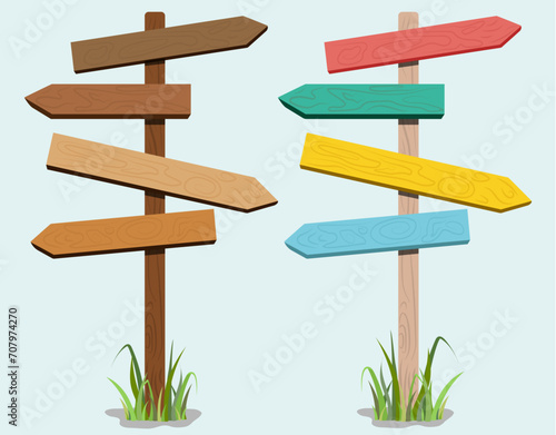 Isolated blank wooden sign post, guide post with painted wood, hand drawn wooden texture and grass. Signpost vector illustration for way, direction, way, business, street, choice, decoration and more. photo