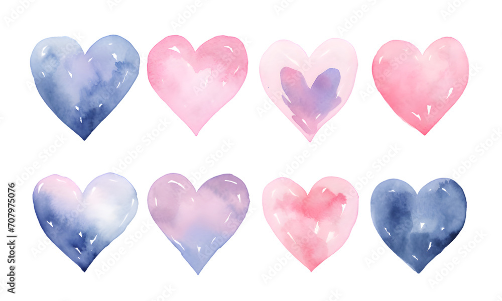 Valentine's day. Set of hand painted watercolor hearts isolated on transparent background