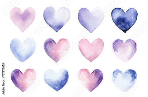 Valentine's day. Set of hand painted watercolor hearts isolated on transparent background