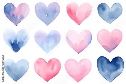 Valentine's day. Set of hand painted watercolor hearts isolated on transparent background