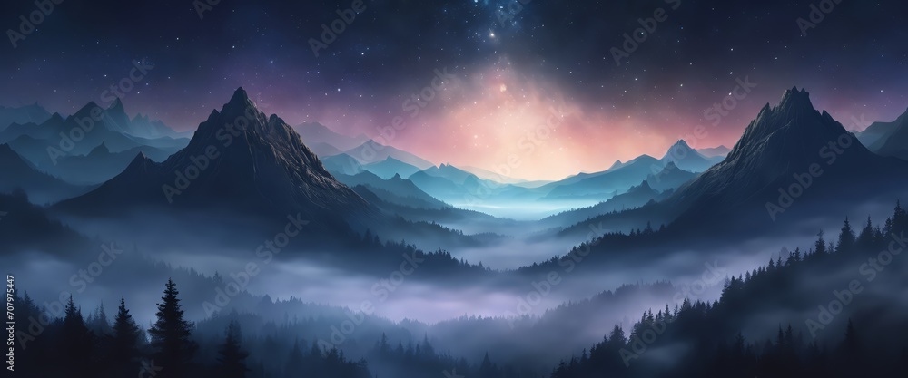 Beautiful View of Misty Aurora Night Mountain Forest Landscape 4k Ultrawide Wallpaper Illustration - obrazy, fototapety, plakaty 