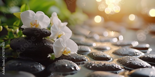 A close-up view of rocks and flowers. This image can be used to depict nature, beauty, or a peaceful atmosphere