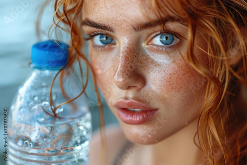 close up portrait of young beautiful woman drinking water