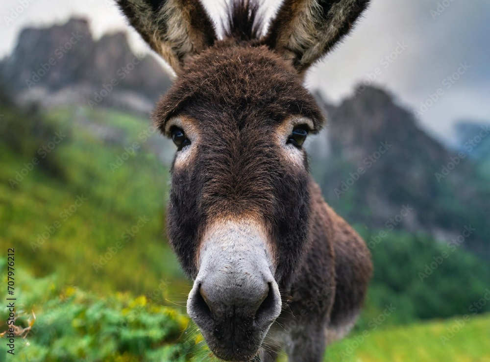 Donkey in rural area, farm animal on the mountains, face closeup photography Donkey in rural area, farm animal on the mountains, face closeup photography