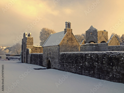 Boyle abbey in County Roscommon, ireland, in the snow photo