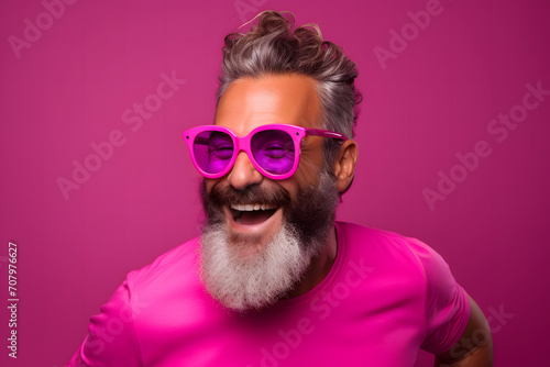 Senior man with gray hair and beard happy wearing pink sunglasses on pink background