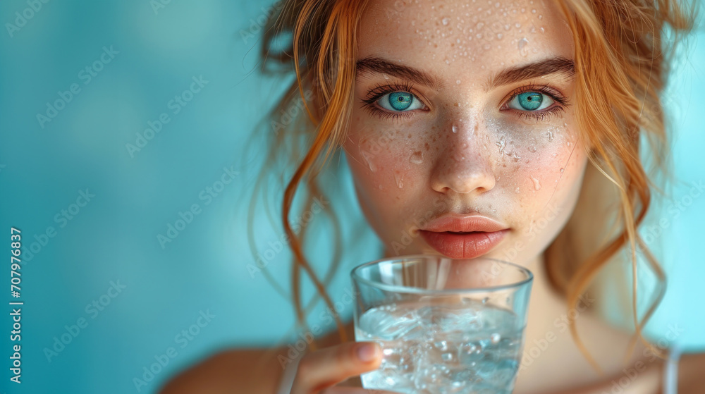 close up portrait of young beautiful woman drinking water close up portrait of young beautiful woman drinking water