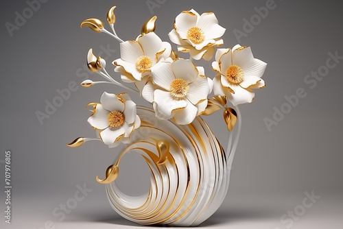 3D vase with futuristic design and golden flowers