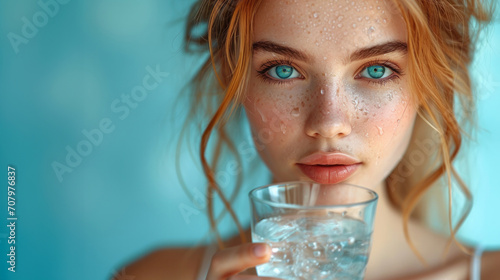 close up portrait of young beautiful woman drinking water photo