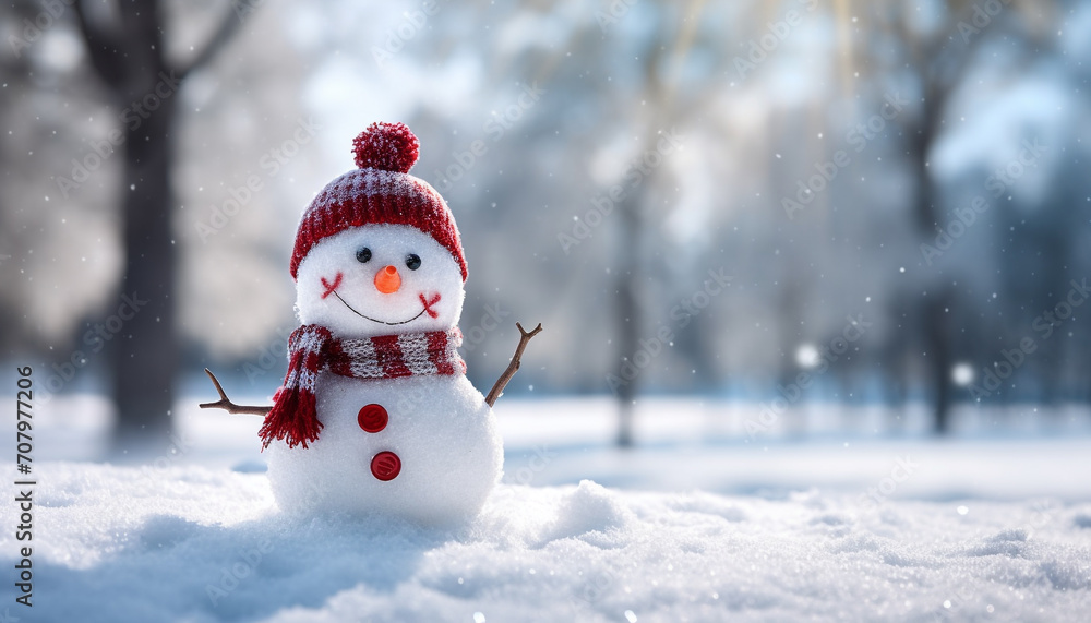 Smiling snowman in winter, surrounded by snowflakes generated by AI