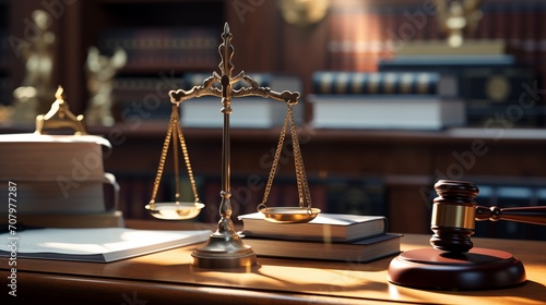 Scales of justice and judge's gavel on the lawyer's desk office in daylight