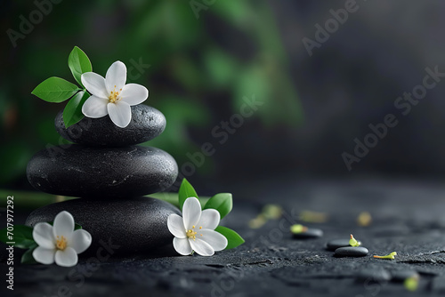 Black Stone Cairn with Bamboo and White Flower Rock Zen Aesthetic Spa Concept with Minimalist Composition