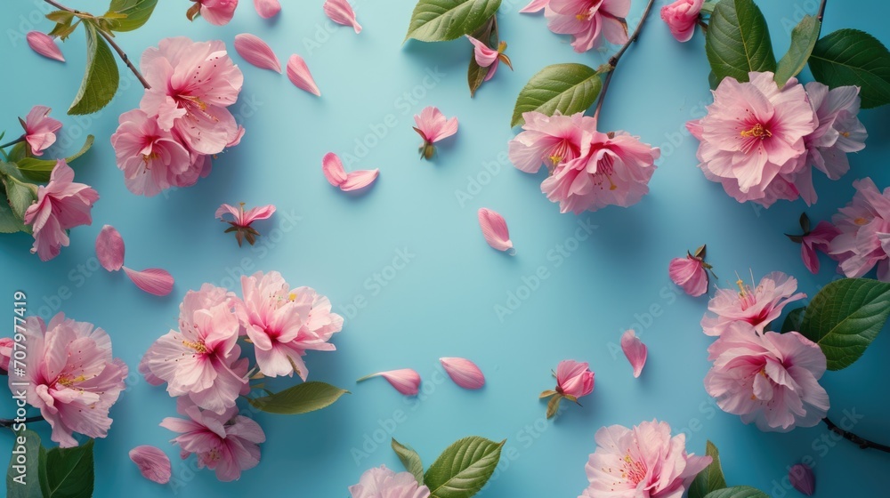 A beautiful bunch of pink flowers arranged on a smooth blue surface. Perfect for adding a pop of color to any design or project A beautiful bunch of pink flowers arranged on a smooth blue surface. Perfect for adding a pop of color to any design or project