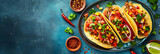 Food photography, elegant chilli tacos dish, top down view, herbs and spices