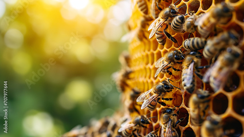 cute swarm of bees working at bee honeycomb; background with empty space for text photo