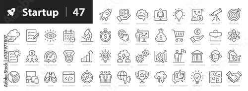Startup line icons set. Starting business symbols outline 47 icons collection. Launch, project, development, investment, innovation - stock vector.
