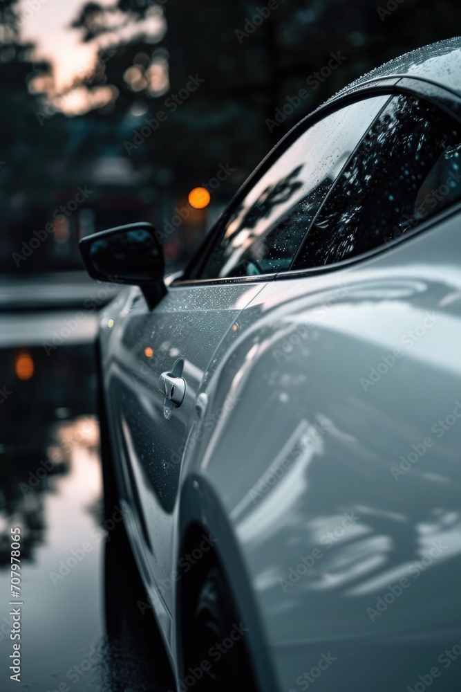 A detailed shot of a car parked on a wet street. Suitable for automotive and transportation-related projects