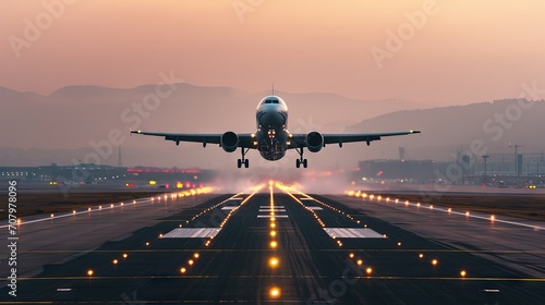 The image shows a commercial airplane lifting off from the runway with its landing gear still visible, against a backdrop of a dusky or sunrise sky. photo