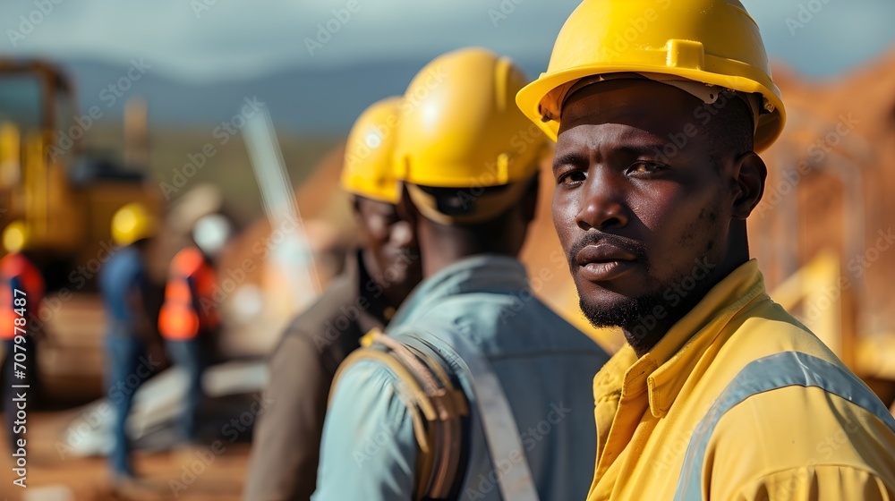 Confident African Engineer in Yellow Safety Helmet at Construction Site with Team in Background Confident African Engineer in Yellow Safety Helmet at Construction Site with Team in Background