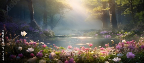 The misty flowers are blooming beautifully  surrounded by nature and sunlight.