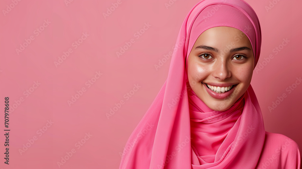 Smiling Muslim woman in headscarf, malay female wearing hijab pink studio background with copy space Smiling Muslim woman in headscarf, malay female wearing hijab pink studio background with copy space