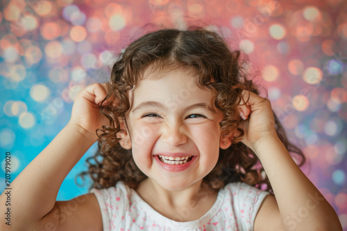 Colorful Childhood: Energetic Girl Pulling Ears with Glee