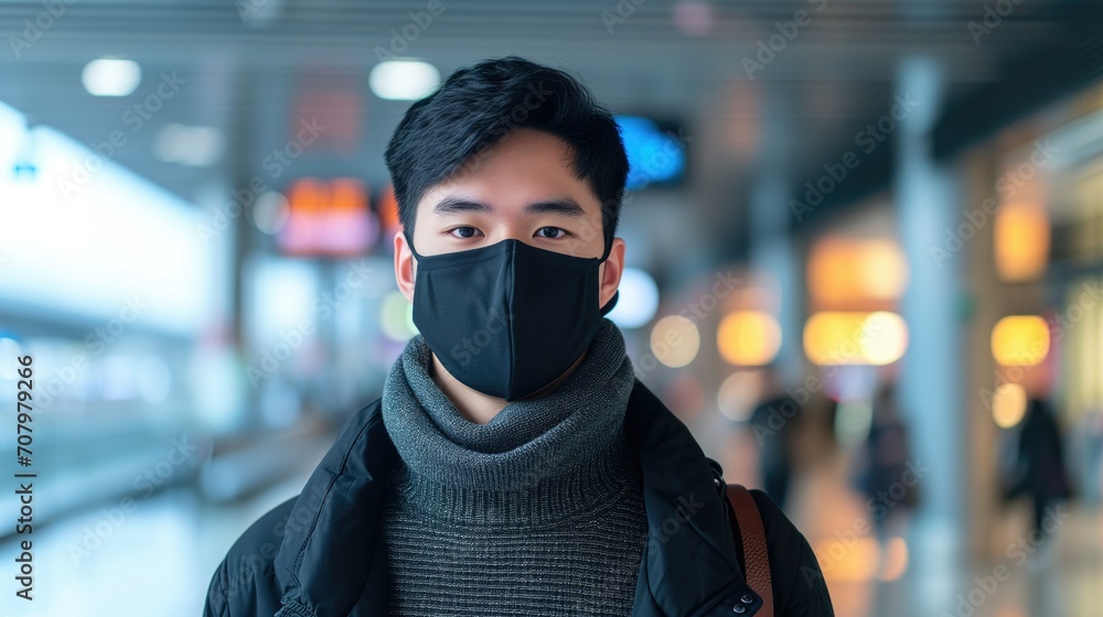 A young Asian man in a black mask stands in an airport, embodying the new normal of travel during a pandemic A young Asian man in a black mask stands in an airport, embodying the new normal of travel during a pandemic
