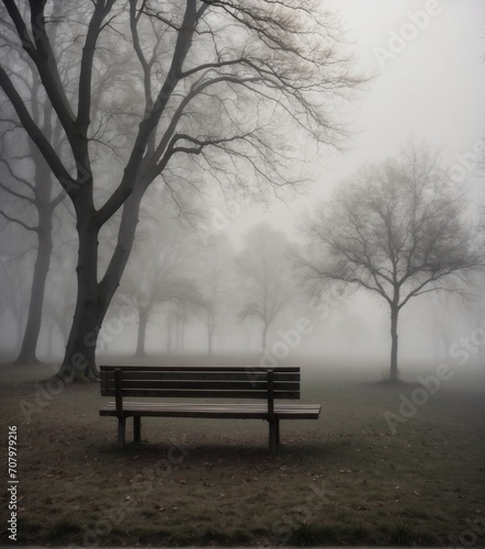 Solitary Bench in Misty Park Ambiance. Mysterious, Tranquil Style. Solitude and Contemplation Concept. Suitable for Book Covers, Atmospheric Scenes, and Reflective Backgrounds