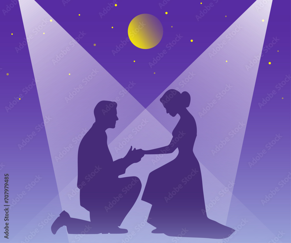 A couple in love, a man and a woman, against the background of a blue night sky with the moon and stars, in bright rays. Vector illustration for Valentine's Day