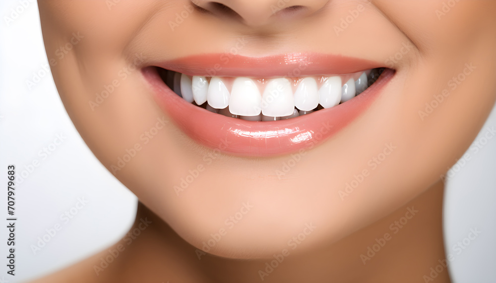 a close up photo of the lower part of a female face. beautiful cute smile with very clean perfect teeth. chin, nose and mouth visible. dental service advertisement. white background. Generative AI a close up photo of the lower part of a female face. beautiful cute smile with very clean perfect teeth. chin, nose and mouth visible. dental service advertisement. white background. Generative AI