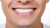 a close up photo of the lower part of a male face. beautiful cute smile with very clean perfect teeth. chin, nose and mouth visible. dental service advertisement. white background. Generative AI