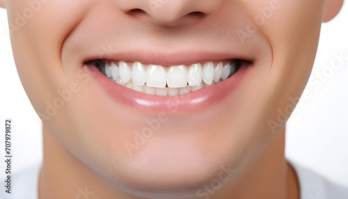 a close up photo of the lower part of a male face. beautiful cute smile with very clean perfect teeth. chin, nose and mouth visible. dental service advertisement. white background. Generative AI