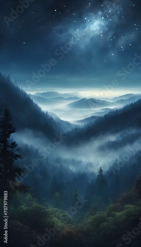 Beautiful View of Galactic Night Sky Misty Mountain Forest Landscape 4k Vertical Photo Wallpaper