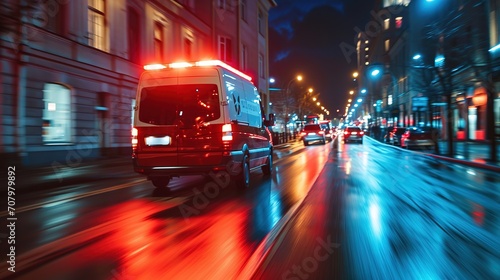 An ambulance is rapidly driving through a city street at night, showing motion blur and illuminated by red flashing lights.