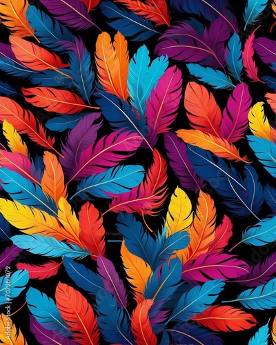 Abstract background, pattern in the form of multi-colored feathers on a black background.