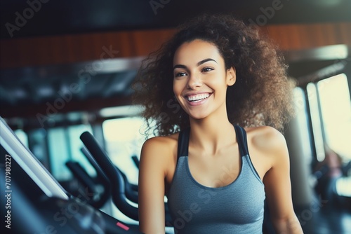 smiling African woman doing sport in the gym
