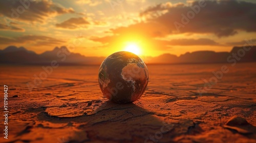 Global environmental crisis. Deflated ball in form of Earth globe on the abandoned on dry, cracked desert desert soil, symbolizing environmental world problems. photo