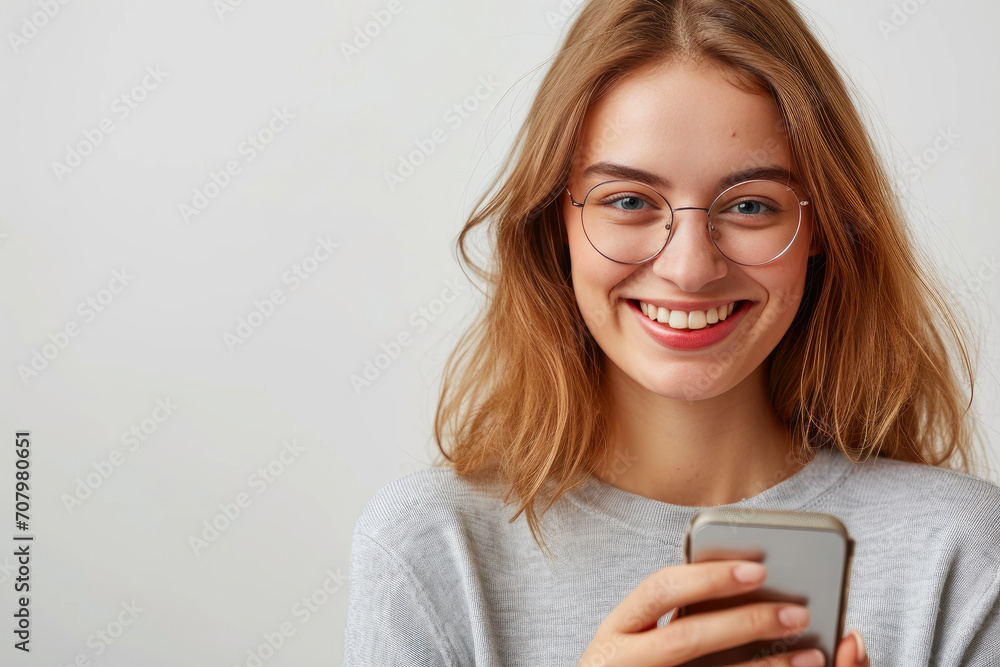 Fototapeta premium Radiant Female Enjoying Smartphone Isolation