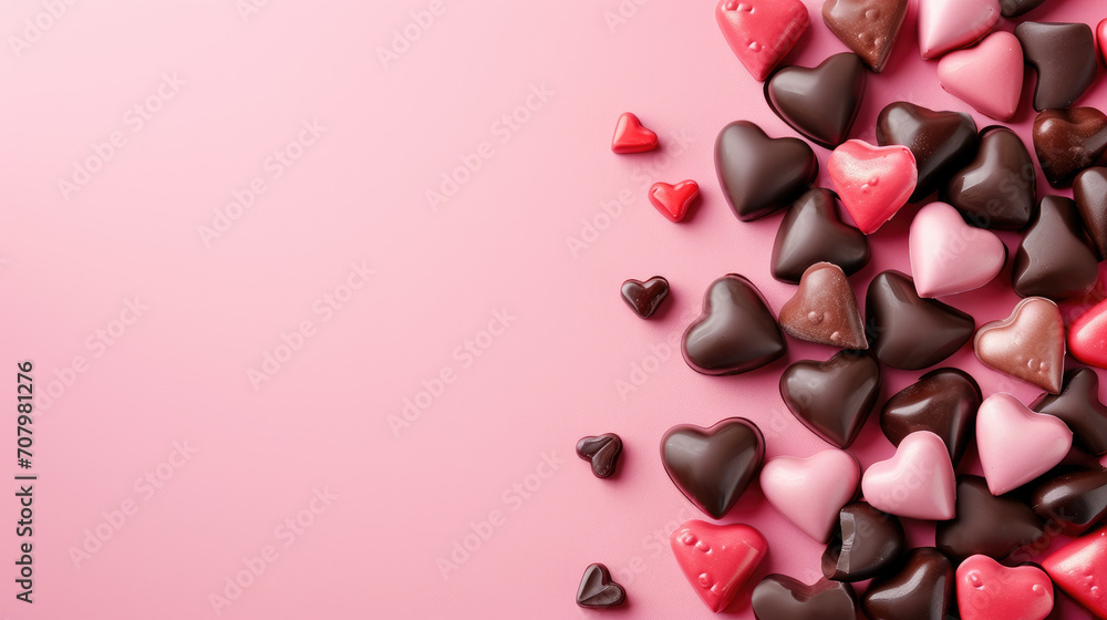Colorful Heart Chocolates on Pink Background