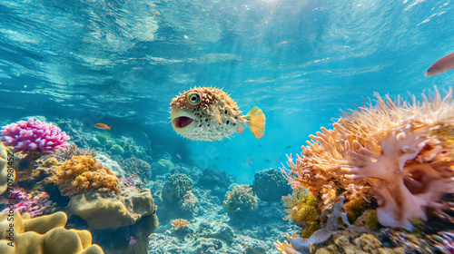 Landscape of the underwater world, puffer fish