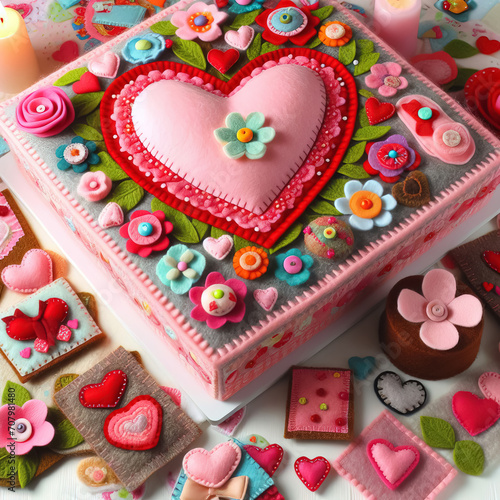 felt art patchwork, Valentine's Day cake, Generative AI