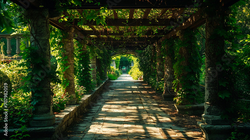 Camino Encantado: Pérgola Cubierta de Hiedra con Luz Solar Tamizada