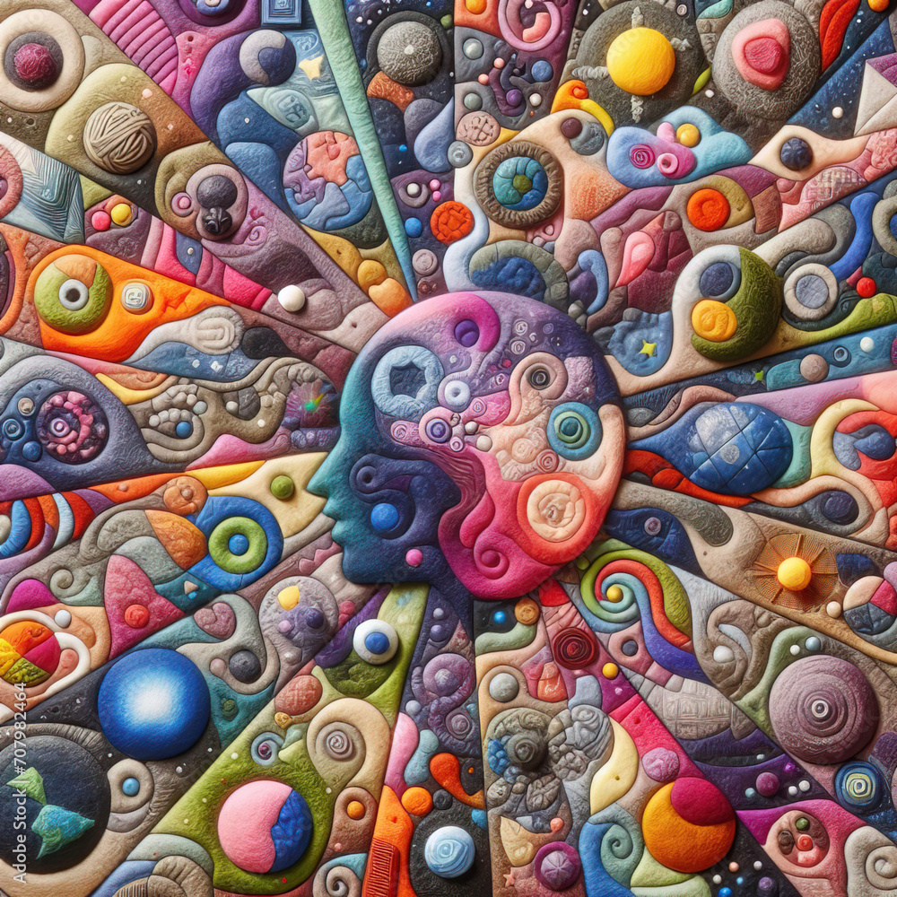 felt art patchwork, exploding mind concept art, inner world, dreams, emotions, imagination and creative mind felt art patchwork, exploding mind concept art, inner world, dreams, emotions, imagination and creative mind