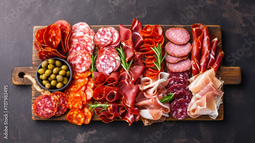 Assortment of sausages, salami, jamon and olives. Meat platter