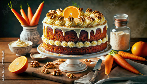 Spiced carrot cake with cream cheese frosting and walnut garnish