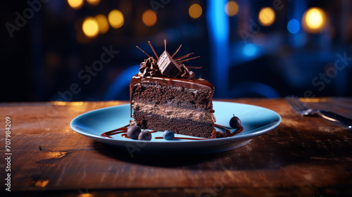 Product photograph of piece of chocolate cake on a table in a nigth bar. Dramatic light. Blue color palette. Food.  photo