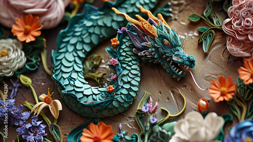 Quilled paper dragon encircling a garden of mystical flowers