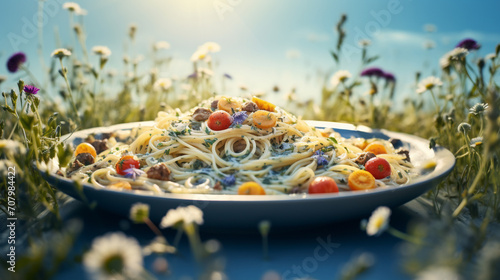 Product photograph of spaghetti in the snow In a winter forest. Sunlight.  Blue color palette. Food. 